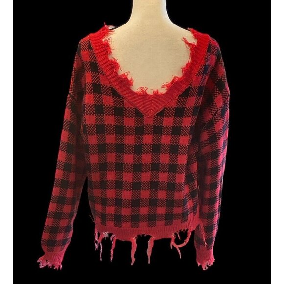 Derek Heart Distressed Cropped V Neck Sweater Junior Size L Plaid Candy Cane - Picture 16 of 16